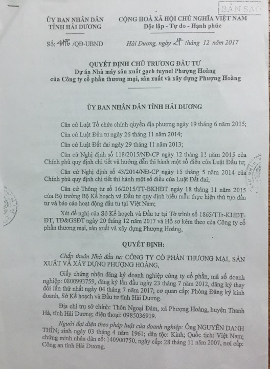 Hải Dương: Công ty gạch Phượng Hoàng xây dựng khi chưa được cấp phép?