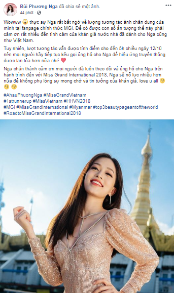 Phương Nga dẫn đầu bình chọn tại Miss Grand International 2018