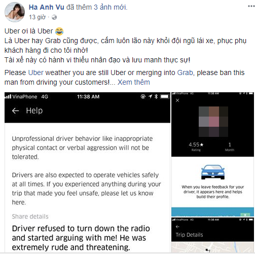 Đang mang thai, Hà Anh tố bị tài xế Uber vứt hành lý, đuổi khỏi xe