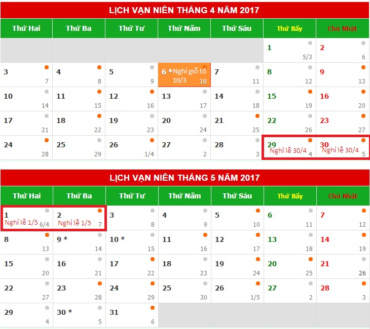 Lịch nghỉ chính thức ngày lễ 30/4 – 1/5/2018