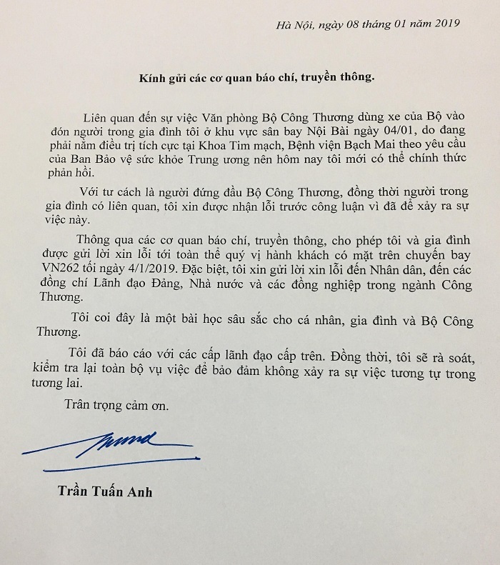 Bộ trưởng Trần Tuấn Anh gửi thư xin lỗi tới toàn thể nhân dân