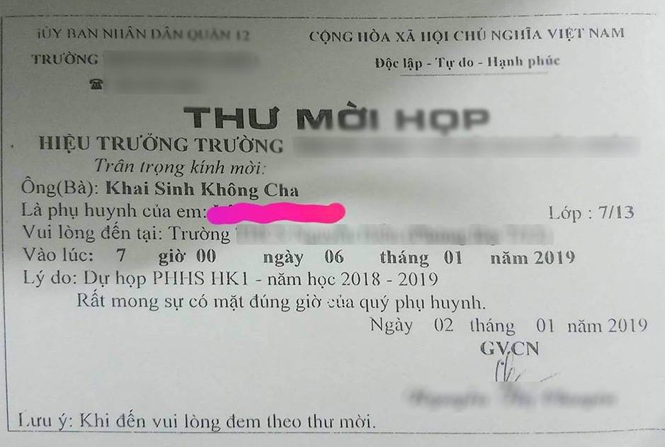 Lạ lùng thư mời họp phụ huynh học sinh ghi 'khai sinh không cha'