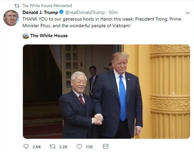 TT Trump gửi lời cảm ơn Việt Nam đã tổ chức cuộc gặp Thượng đỉnh lần 2