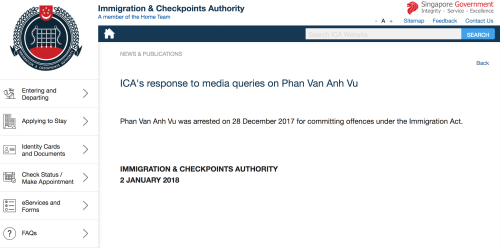 Singapore xác nhận bắt giữ người có tên ‘Phan Van Anh Vu’