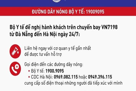 Bộ Y tế thông báo khẩn tìm hành khách chuyến bay VN7198 từ Đà Nẵng đến Hà Nội ngày 24/7
