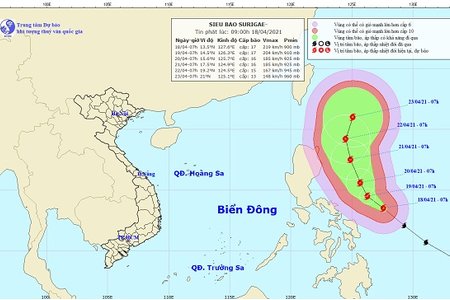 Xuất hiện siêu bão Surigae giật cấp 17, cách bờ biển miền Trung Phi-líp-pin 420km về phía Đông