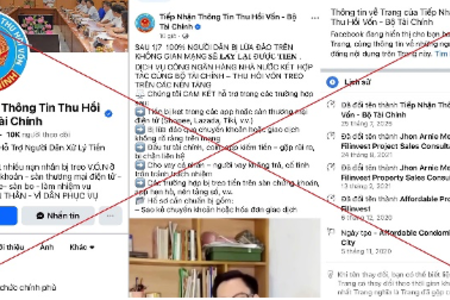 Cảnh báo trang facebook giả mạo Bộ Tài Chính hỗ trợ lấy lại tiền bị lừa