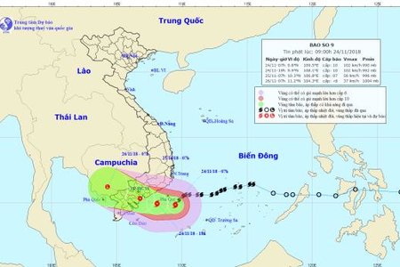 Bão số 9 có xu hướng dịch chuyển xuống phía Nam, ở huyện đảo Phú Quý 