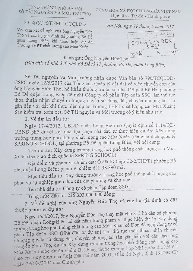 Dự án Trường chất lượng cao Mùa Xuân ở Long Biên, Hà Nội: Luật sư cho rằng văn bản trả lời của Sở TNMT không có căn cứ