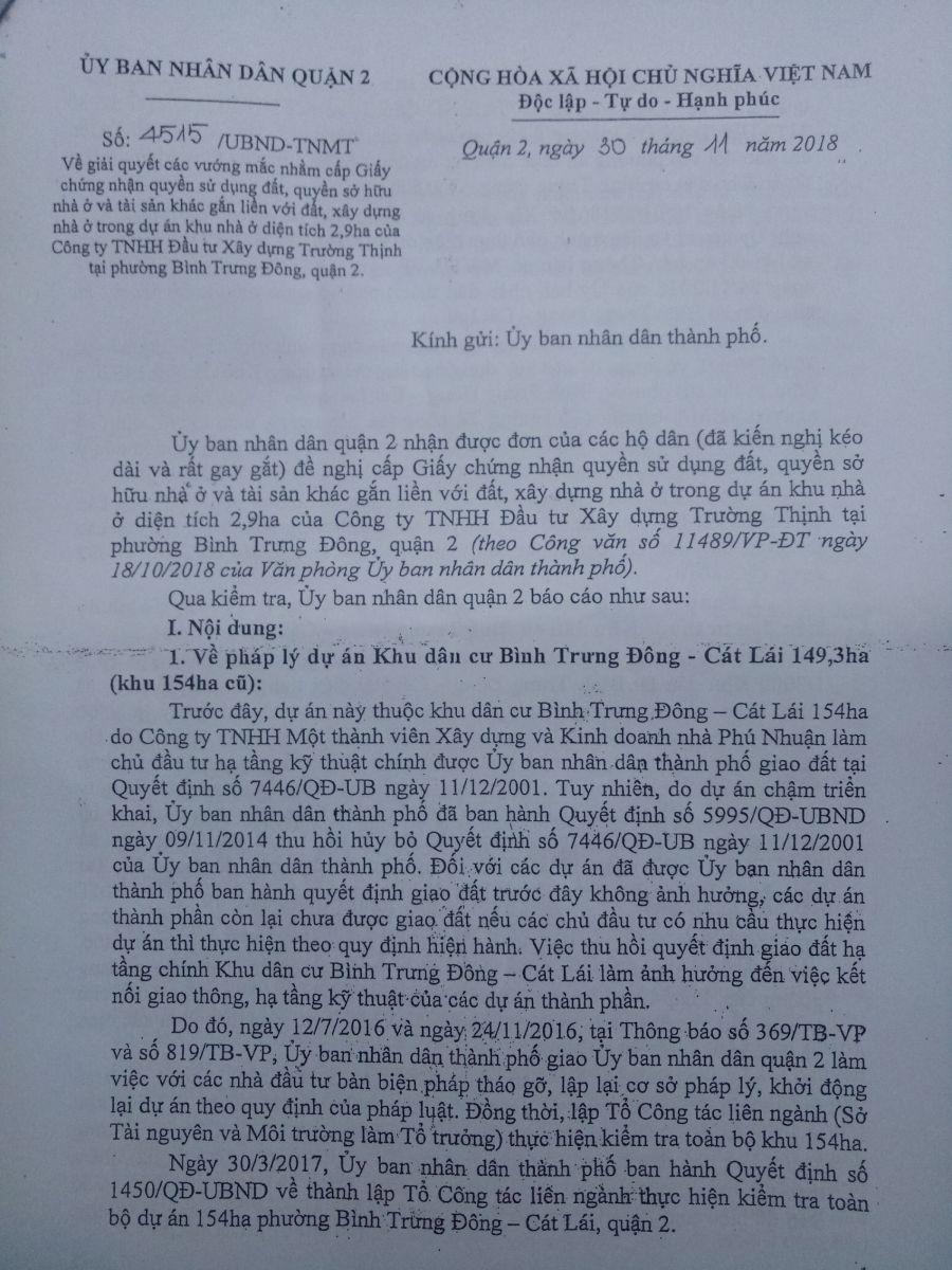 Công văn số 4515/UBND-TNMT ngày 30/11/2018 của UBND Quận 2 gửi UBND Tp.HCM