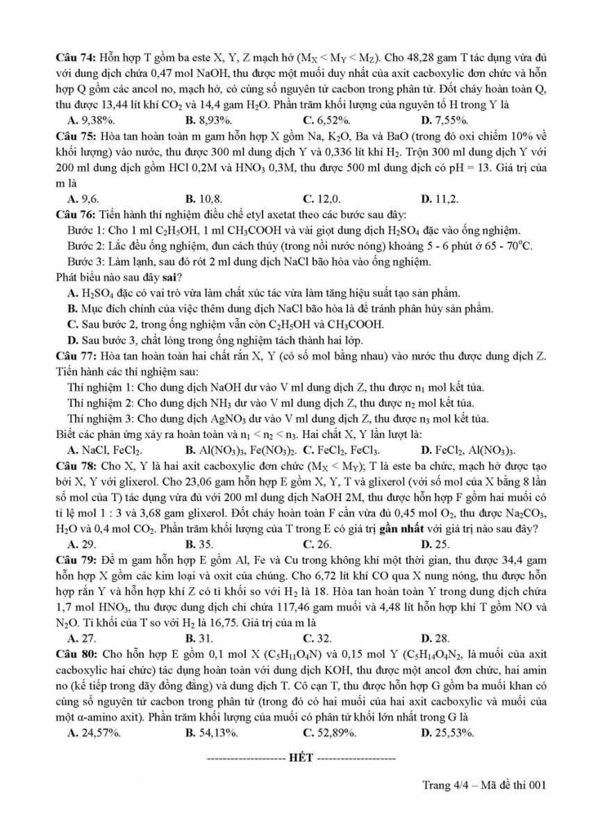 Đề thi môn Hóa học THPT quốc gia 2019 chuẩn nhất