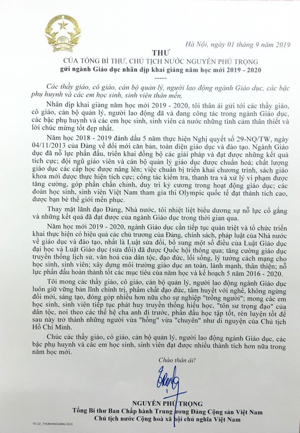 Tổng Bí thư, Chủ tịch nước Nguyễn Phú Trọng chúc mừng năm học mới