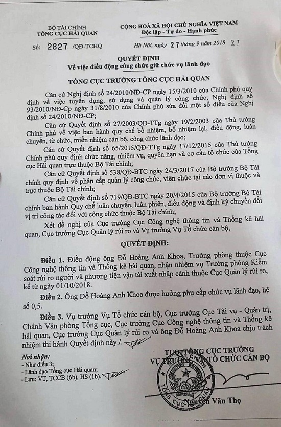 Điều động con Thứ trưởng bộ Tài chính giữ chức trưởng phòng tại Tổng cục Hải quan