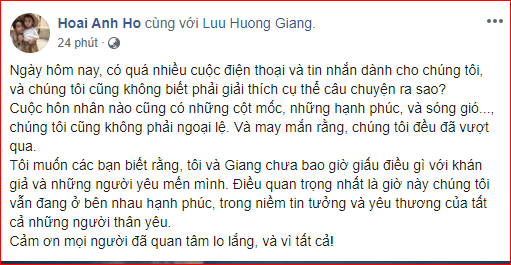 Hồ Hoài Anh lên tiếng phủ nhận chuyện ly hôn Lưu Hương Giang