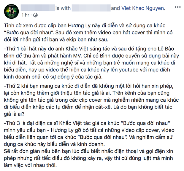 Phía Khắc Việt tố Hương Ly cover, đi diễn 'Bước Qua Đời Nhau' chưa xin phép, yêu cầu gỡ bỏ video
