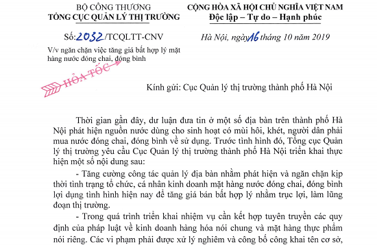 Bộ Công thương ra công văn hỏa tốc ngăn việc tăng giá nước đóng chai, bình ở Hà Nội