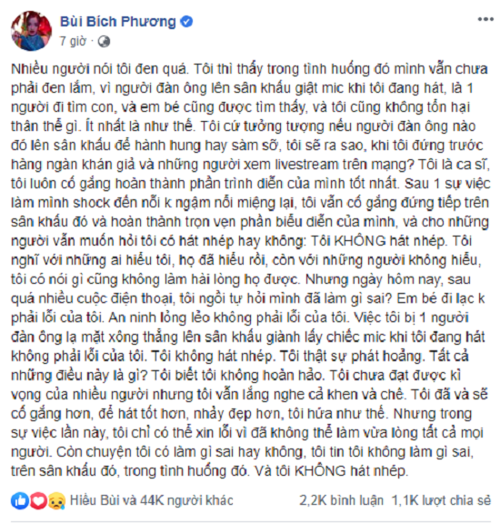 Bích Phương bất ngờ lên tiếng về sự cố giật mic: 'Tôi không hát nhép'