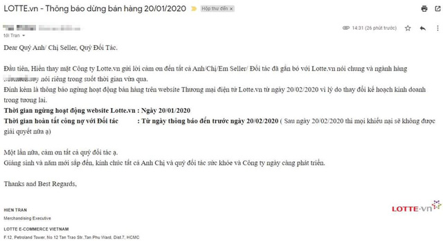 Trang thương mại Lotte.vn thông báo dừng hoạt động từ 20/1/2020