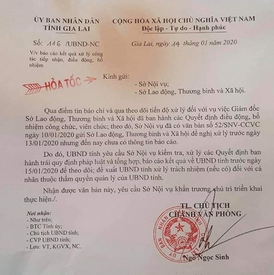 UBND tỉnh Gia Lai ra công văn vụ giám đốc sở LĐ-TB& XH bổ nhiệm hàng loạt cán bộ