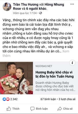 Hương Baby lên tiếng phủ nhận tin đồn ly hôn với ca sĩ Tuấn Hưng