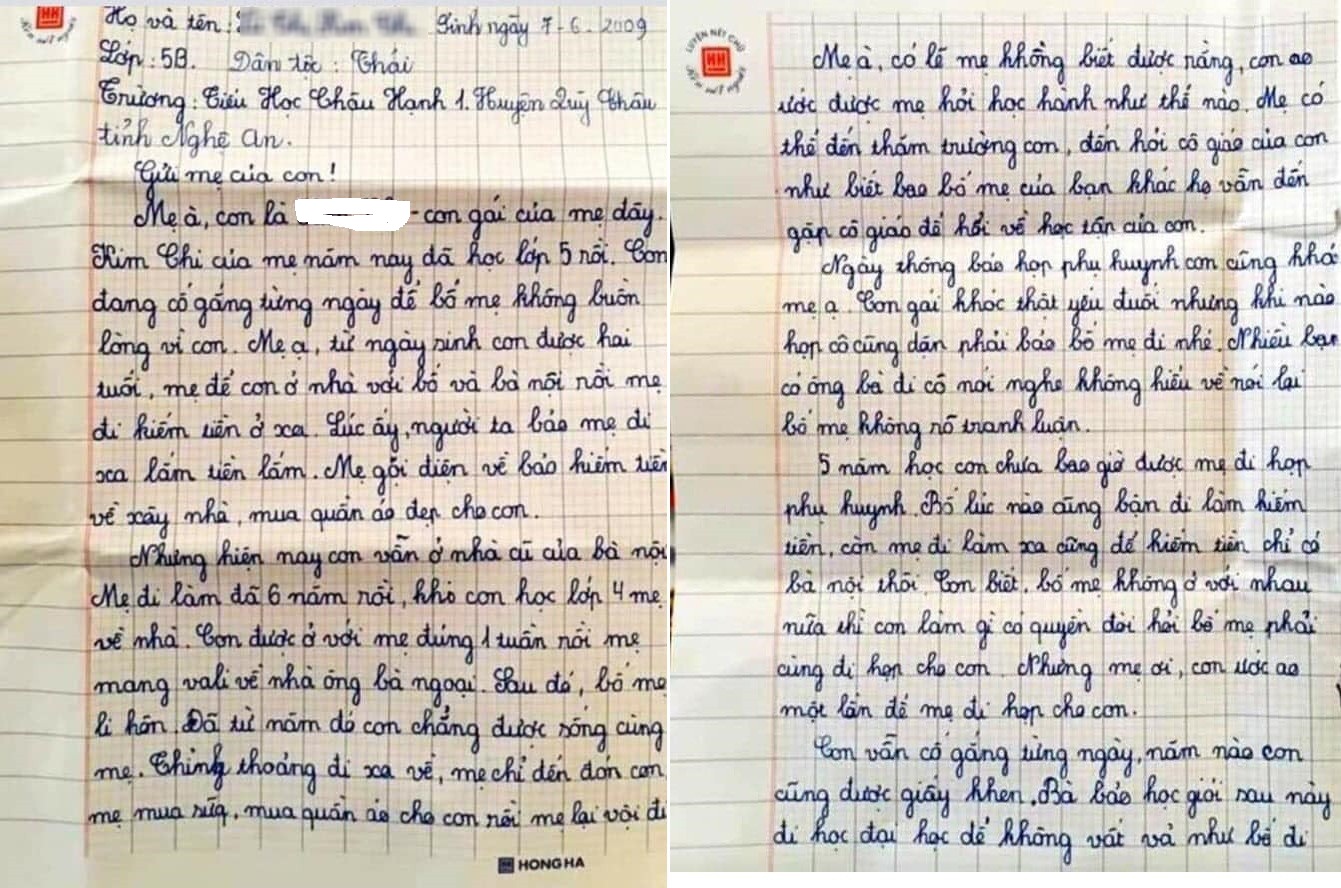 Bức thư bé gái lớp 5 gửi mẹ đi lấy chồng khiến nhiều người xót xa
