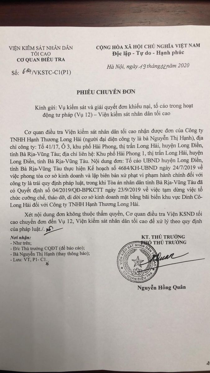 UBND huyện Long Điền đề nghị TAND tỉnh thu hồi Quyết định do chưa phù hợp pháp luật