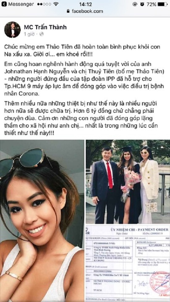 MC Trấn Thành tiết lộ số tiền bố mẹ Tiên Nguyễn ủng hộ chống dịch Covid-19