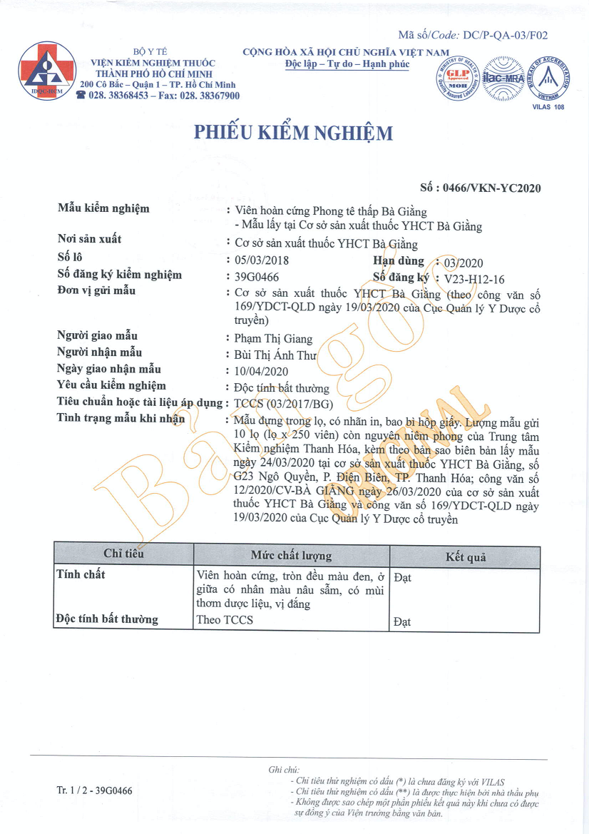 Kết quả kiểm nghiệm trên 02 mẫu bổ sung khẳng định chất lượng thuốc phong tê thấp Bà Giằng