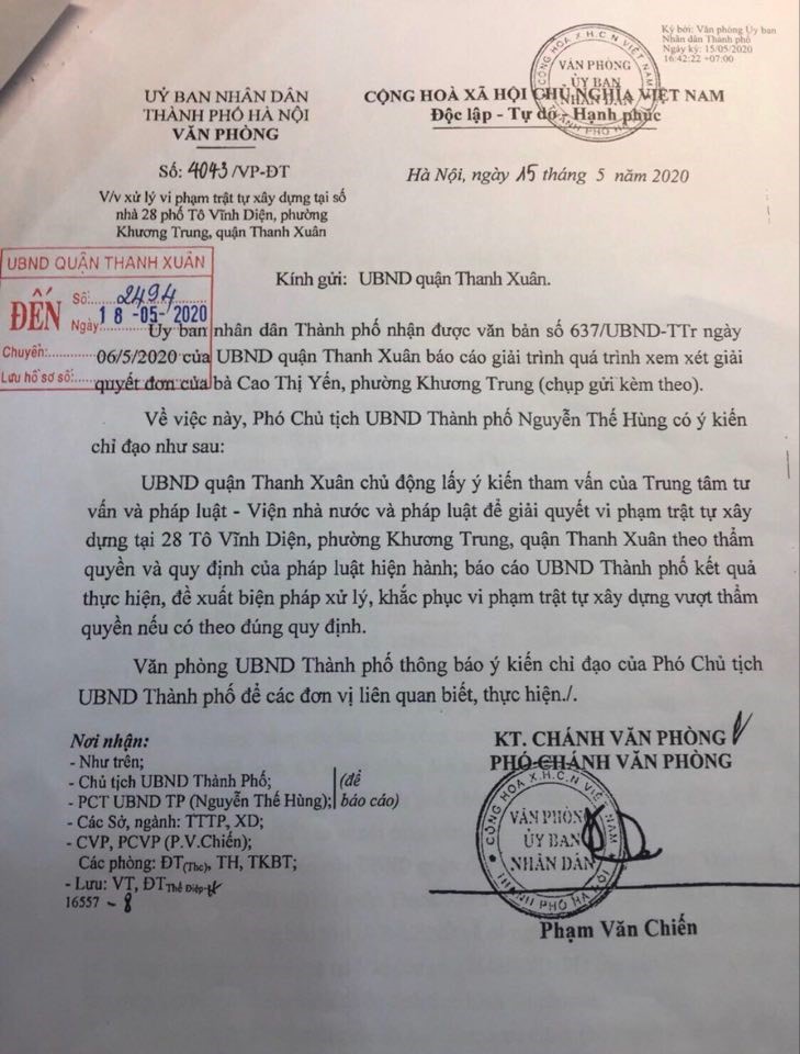 Quận Thanh Xuân tham vấn ý kiến cơ quan pháp luật để giải quyết tranh chấp tại ngõ 28 phố Tô Vĩnh Diện