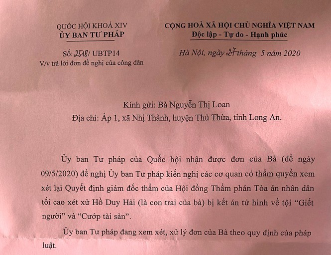 Ủy ban Tư pháp Quốc hội xem xét đơn kiến nghị của mẹ tử tù Hồ Duy Hải