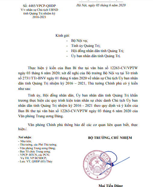 Thủ tướng đề nghị Quảng Trị khẩn trương kiện toàn nhân sự Chủ tịch UBND tỉnh