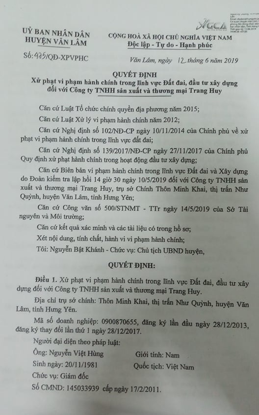 Công ty Trang Huy chây ỳ trong việc chấp hành quyết định xử phạt hành chính