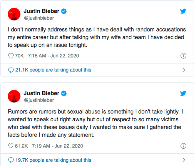 Justin Bieber lên tiếng về cáo buộc tấn công tình dục 2 người phụ nữ