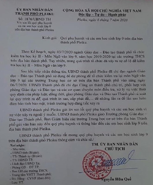 Chủ tịch UBND thành phố Pleiku xin lỗi phụ huynh, học sinh sau sự cố lộ đề thi