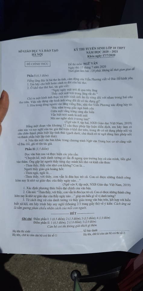 Đề thi - đáp án môn Ngữ văn tuyển sinh vào lớp 10 năm 2020 tại Hà Nội