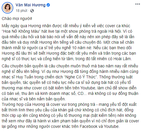 Văn Mai Hương lên tiếng sau khi bị tố cover 'Hoa Nở Không Màu' trái phép