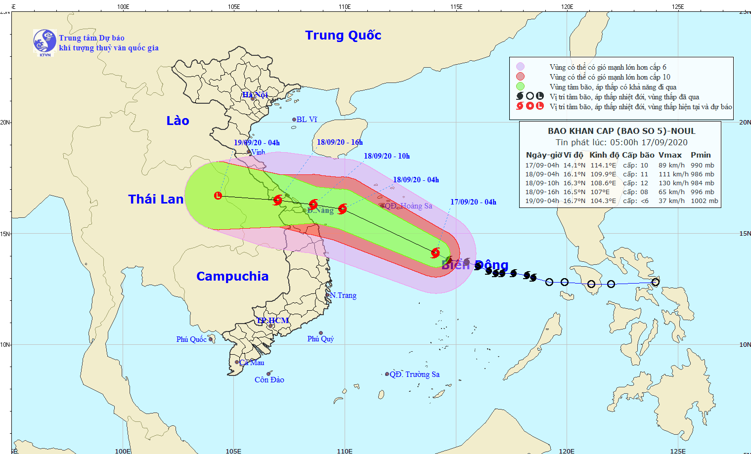 Bão số 5 giật cấp 13, các tỉnh Quảng Bình-Quảng Ngãi khoảng 160km