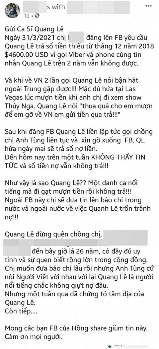 Ca sĩ Quang Lê bị tố nợ tiền sau 2 năm không trả