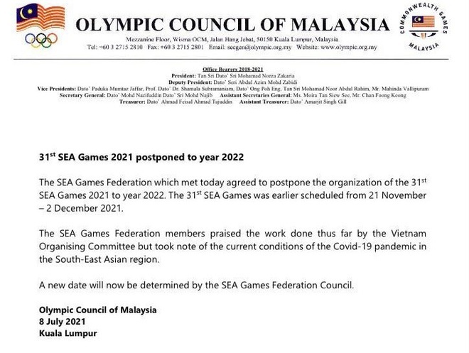 SEA Games 31 bị hoãn sang năm 2022 vì dịch COVID-19