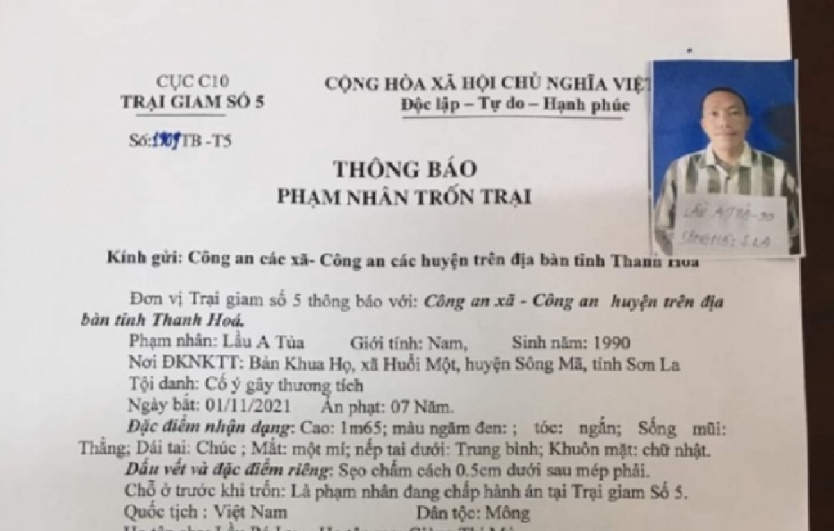 Truy tìm phạm nhân trốn khỏi Trại giam số 5 ở Thanh Hoá