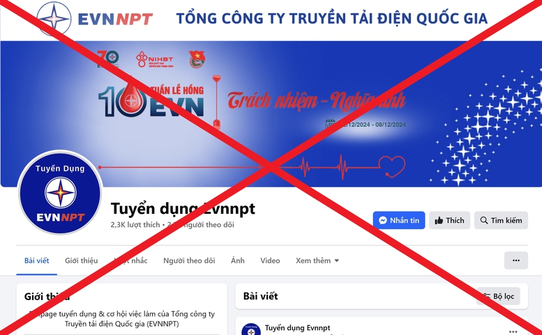 Cảnh báo Fanpage giả mạo thương hiệu EVNNPT để đăng thông tin tuyển dụng