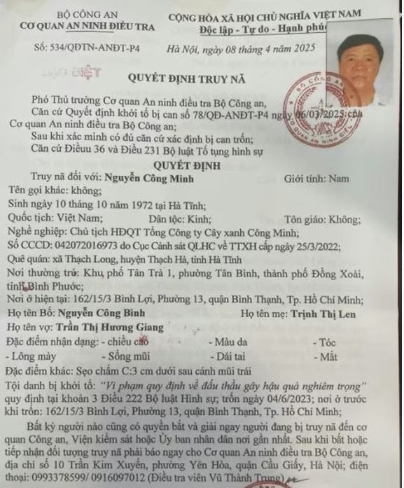 Truy nã đặc biệt Chủ tịch HĐQT Tổng Công ty Cây xanh Công Minh