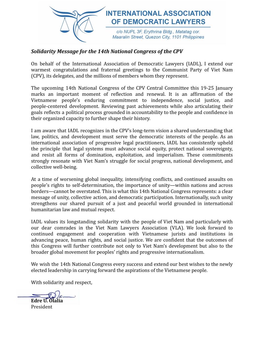 Luật gia quốc tế chúc mừng Việt Nam nhân dịp Đại hội XIV của Đảng