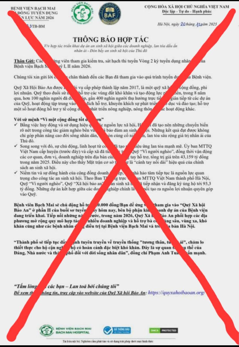 Cảnh báo chiêu mạo danh Bệnh viện Bạch Mai để lừa đảo tuyển dụng