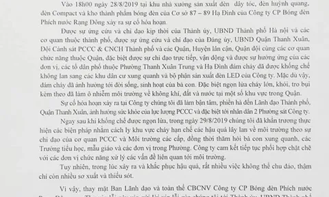 Lãnh đạo Công ty Rạng Đông gửi thư xin lỗi người dân sau sự cố hỏa hoạn