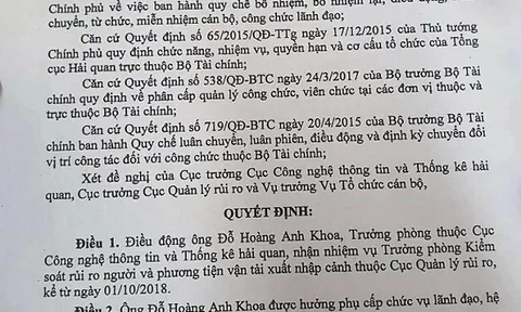 Điều động con Thứ trưởng bộ Tài chính giữ chức trưởng phòng tại Tổng cục Hải quan