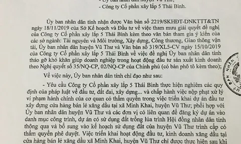 UBND tỉnh Thái Bình chỉ đạo xử lý cây xăng không phép tại huyện Vũ Thư
