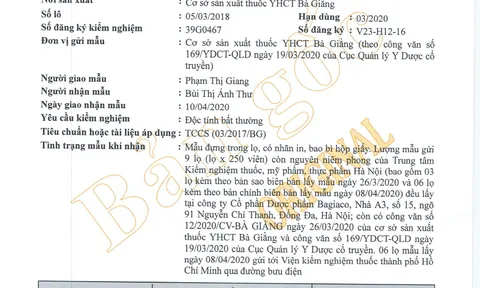 Kết quả kiểm nghiệm trên 02 mẫu bổ sung khẳng định chất lượng thuốc phong tê thấp Bà Giằng
