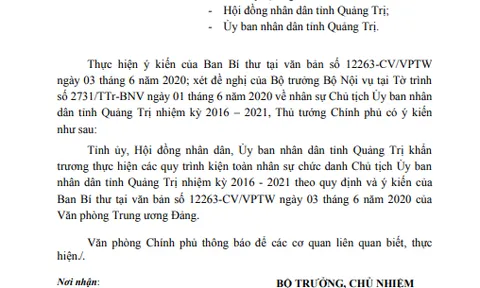 Thủ tướng đề nghị Quảng Trị khẩn trương kiện toàn nhân sự Chủ tịch UBND tỉnh