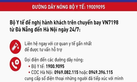 Bộ Y tế thông báo khẩn tìm hành khách chuyến bay VN7198 từ Đà Nẵng đến Hà Nội ngày 24/7